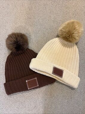 SET OF 2: Love Your Melon - Cream and Brown Pom Pom Knit Beanies